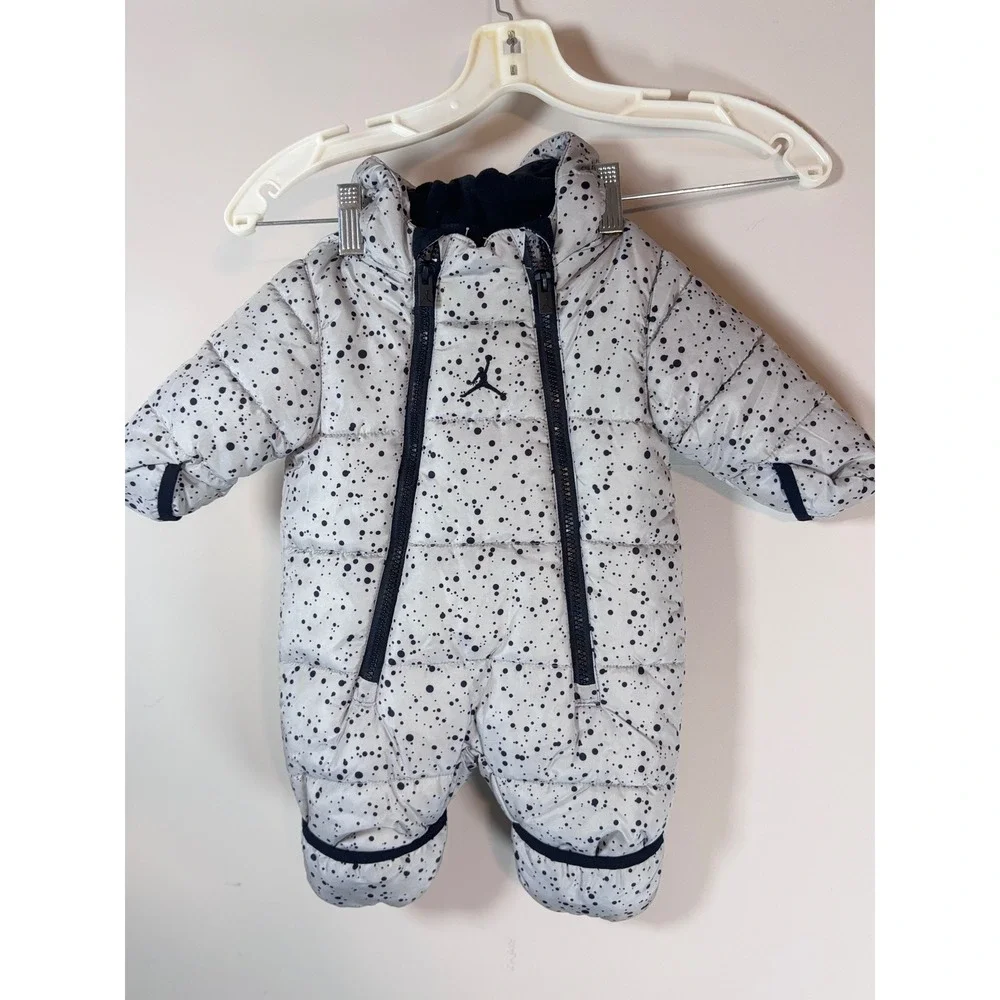 Jordan Infant Hooded Puffer Snowsuit Grey Black Speckle Jumpman Pram 3-6M